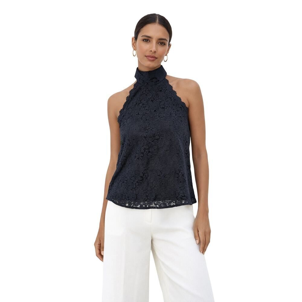 DIANE VON FURSTENBERG Women's JImmie Lace Halter-Neck Blouse Black Size Large